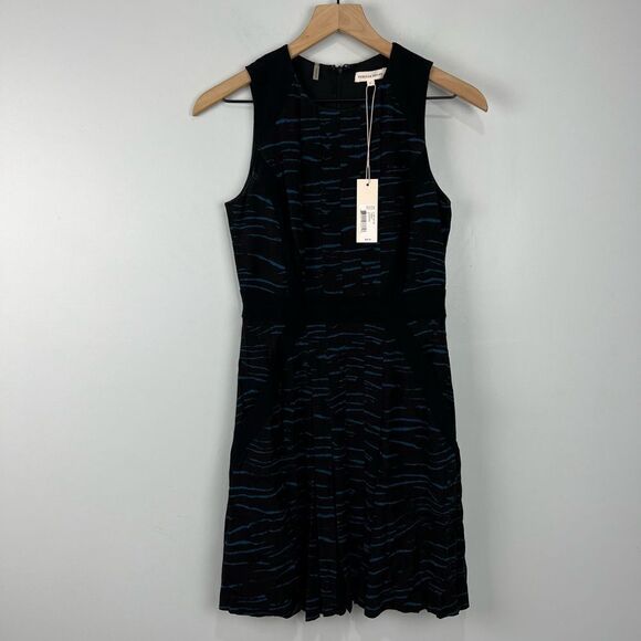 NWT Rebecca Taylor Blue & Black Tiger Pleated Dress - Picture 1 of 9
